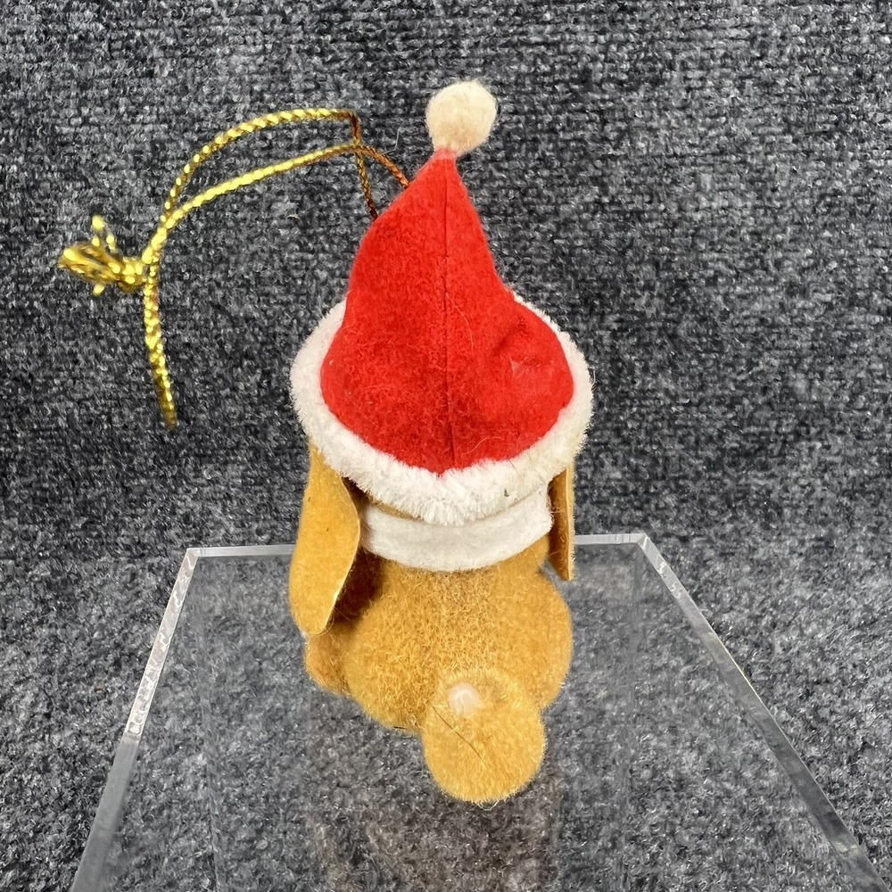 Vintage Christmas Ornament Flocked Brown Puppy Dog In Santa Hat W/Scarf & Holly - Picture 5 of 7